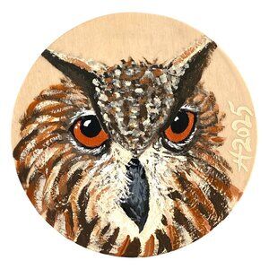 Owl Original Acrylic Bird Painting on Wood Round 4in Desk or Wall Art
